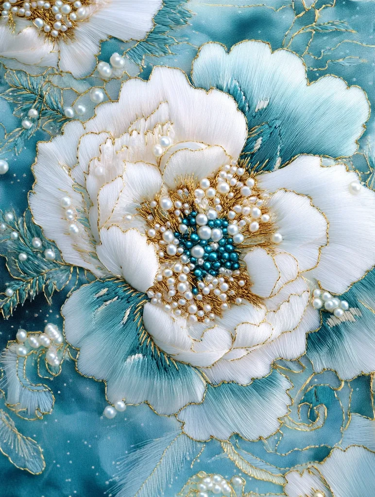A close-up shot of intricately embroidered fabric. A large white flower with a center of pearls and gold thread is the focal point. The surrounding fabric is a gradient of blue and green, with delicate embroidery and sparkling sequins. The image captures the beauty and artistry of handmade textiles.