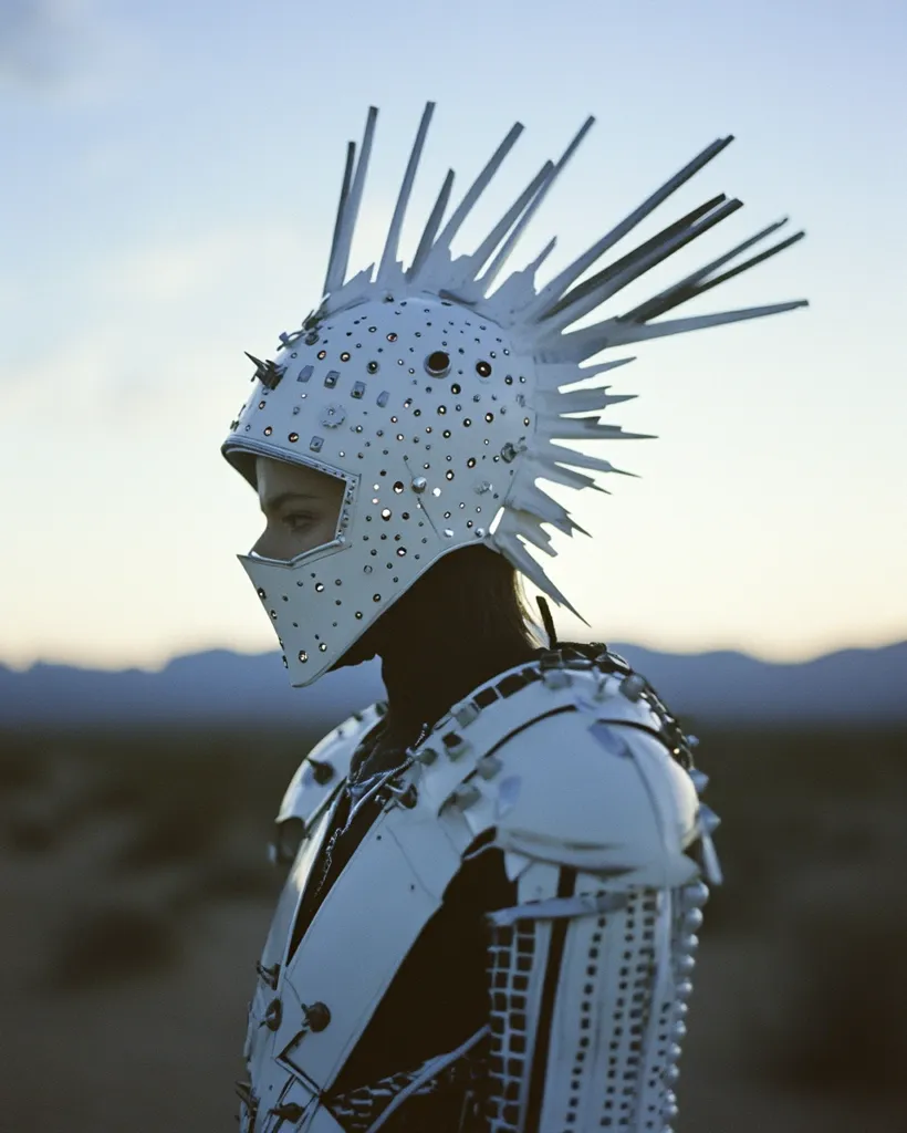 A person is wearing a white, futuristic, and spiky helmet with a sharp, upward-pointing spike on top. The helmet has a white, face-covering mask with visible cutouts for the eyes. The person is also wearing a white, articulated, armored suit. The person's face is obscured by the helmet and they are looking towards the left of the frame. The image has a desert-like background and a blue sky.