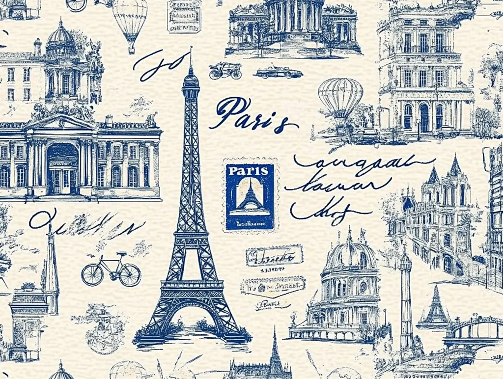 The image is a busy, hand-drawn illustration of various Parisian landmarks. The Eiffel Tower dominates the center, surrounded by buildings, a hot air balloon, a bicycle, and handwritten words like "Paris" and "Tour Eiffel." The blue ink drawings are on a cream-colored background, giving the feeling of a vintage travel poster.  The details are intricate, capturing the charm of the city.