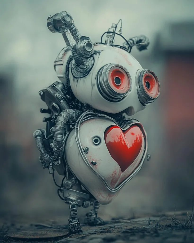 The image depicts a robot with a heart-shaped chest cavity. The robot has a white and silver exterior, with large red eyes and a red heart prominently displayed. It appears to be crafted from mechanical parts and wires. The robot stands on a rough surface, with a backdrop of a blurred out, green-grey background. The image is a blend of technology and emotion, conveying a sense of artificial life and perhaps even love.
