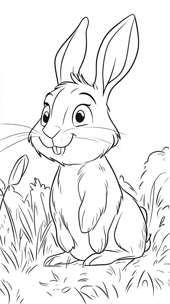 A cute rabbit with big ears is sitting in tall grass. It is looking to the right, with a happy expression on its face.  The rabbit has a fluffy tail and is drawn in a cartoon style. The image is a black and white outline, ready for coloring.