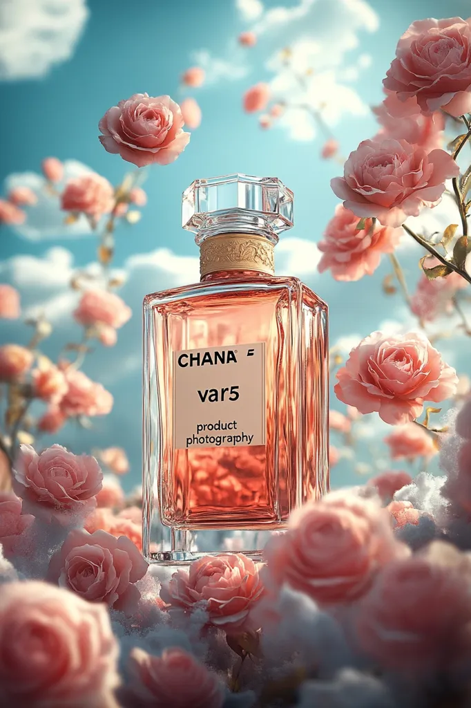 A square bottle of perfume sits nestled in a bed of soft, pink roses. The bottle is clear and filled with a pink liquid. The label reads "Chana - var 5 - product photography." The roses are surrounded by fluffy white clouds, and the sky is a bright blue. The scene is both delicate and romantic.