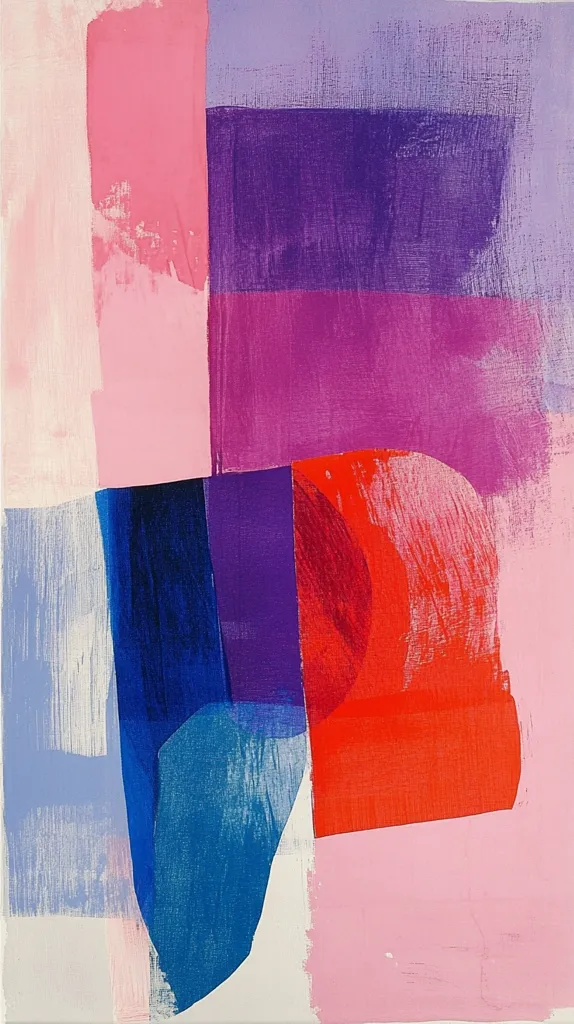 The abstract painting features a vibrant color palette of pink, purple, blue, and red. The colors are applied in bold, brushstrokes, creating a dynamic and textured surface. The composition is geometric, with blocks of color overlapping and intersecting. There is a sense of movement and energy within the painting, suggesting a playful and expressive style.