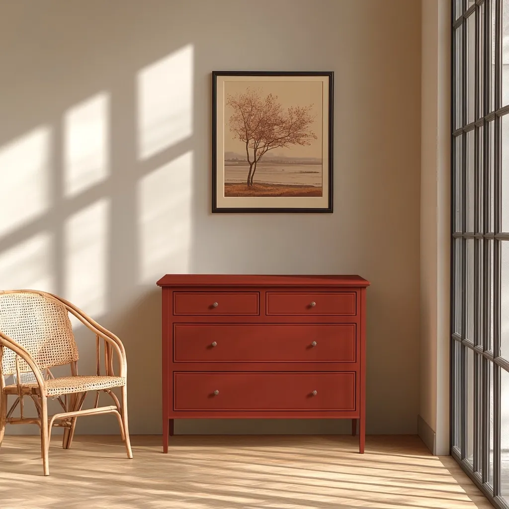 The image shows a minimalist room with a red dresser, a wicker chair, and a framed picture of a tree in front of a lake.  The walls are painted a light beige and the floor is wood. Sunlight shines through a large window.  The room is airy and calming.  The dresser has four drawers and a simple design. The wicker chair is placed near the dresser and adds texture to the room.  The picture adds a touch of nature to the minimalist design.