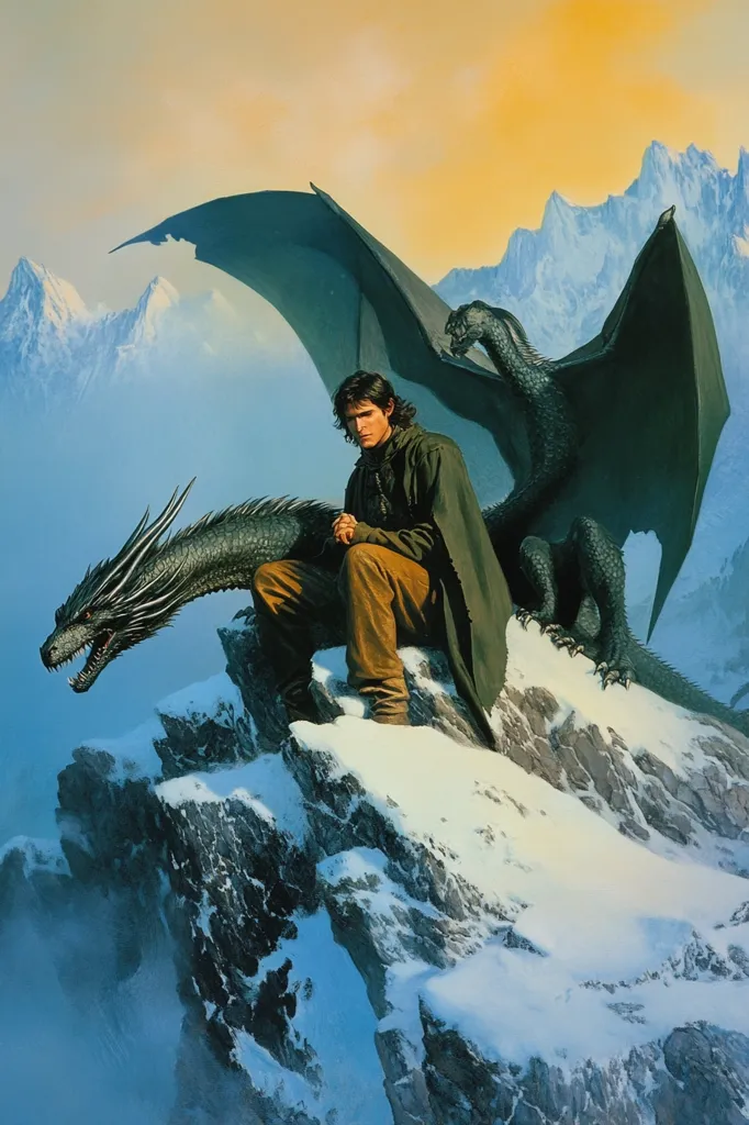 A lone figure, cloaked in brown and green, sits atop a snow-covered mountain peak. The figure gazes downwards with a somber expression, their hand resting on the snout of a large, black dragon. The dragon's wings are spread wide, almost obscuring the snow-capped mountains in the background. The image evokes a sense of isolation and power, perhaps suggesting a moment of contemplation or a decision to be made.