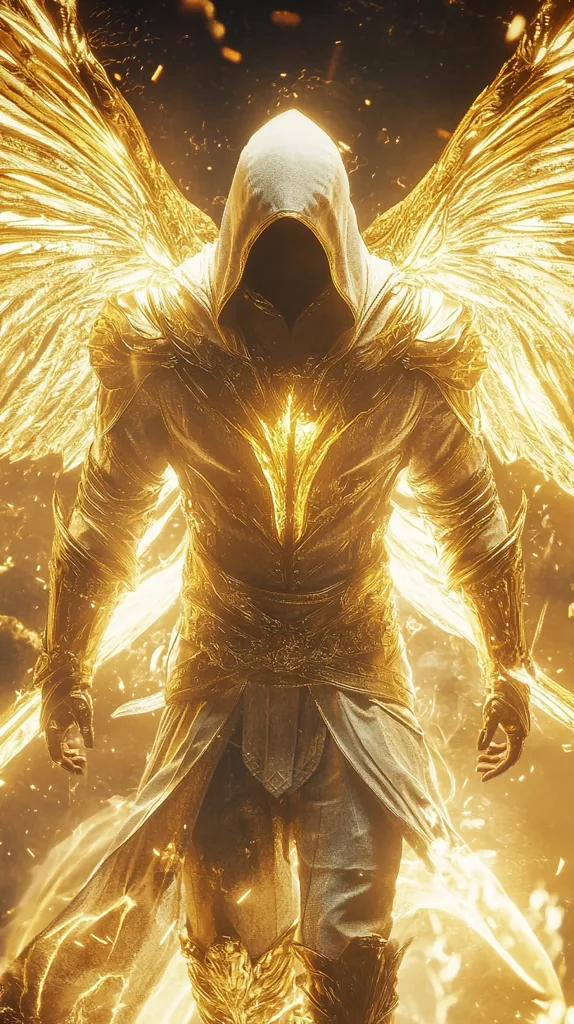 A figure cloaked in white and gold stands amidst a blaze of golden light. They are adorned in ornate armor and a flowing cape, and their face is hidden by the hood. The figure's wings are vast and powerful, their feathers shimmering with a divine glow. The image evokes a sense of power and majesty.