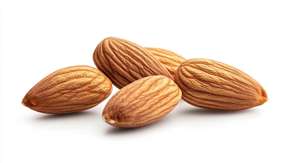 Four almonds are arranged on a white surface. Their smooth, brown shells are visible, with delicate lines running along their length.  The nuts are slightly overlapping, creating a natural and appealing composition. The white background highlights the almonds' warm tones and natural beauty.