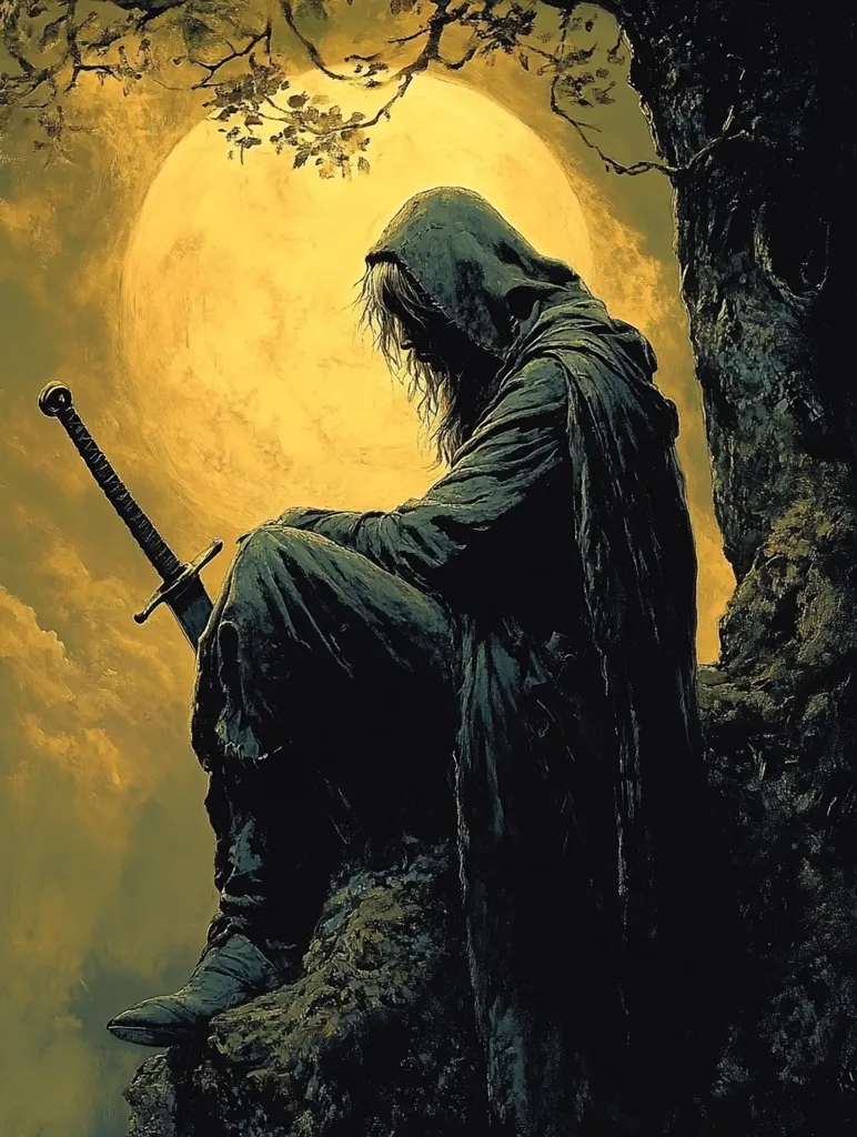 A solitary figure, cloaked in darkness, sits perched on a rocky outcropping. They are shrouded in shadow, their face obscured by the hood of their cloak. A sword rests beside them, its hilt visible, hinting at their warrior nature. A large, full moon casts a warm glow on the scene, illuminating the figure's silhouette and the surrounding trees. The image evokes a sense of mystery and solitude, hinting at a story of loss, reflection, or perhaps a watchful guardian.
