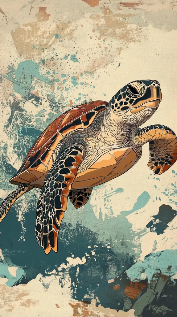 The image depicts a sea turtle swimming through the water, captured in a stylized, abstract art style. The turtle is rendered with detailed lines and bold colors, its shell a mix of brown, black, and orange. The background features a textured, watercolor-like effect, creating a sense of movement and depth. The overall feel of the image is serene and whimsical, highlighting the beauty of nature and the grace of the sea turtle.