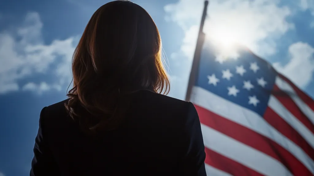 The image shows a silhouette of a woman standing in front of an American flag. The woman is facing away from the camera, and her hair is long and flowing. The American flag is waving in the wind, and the sun is shining through it. The woman is silhouetted against the sky, which is a bright blue with white clouds. The image evokes a sense of patriotism and hope.