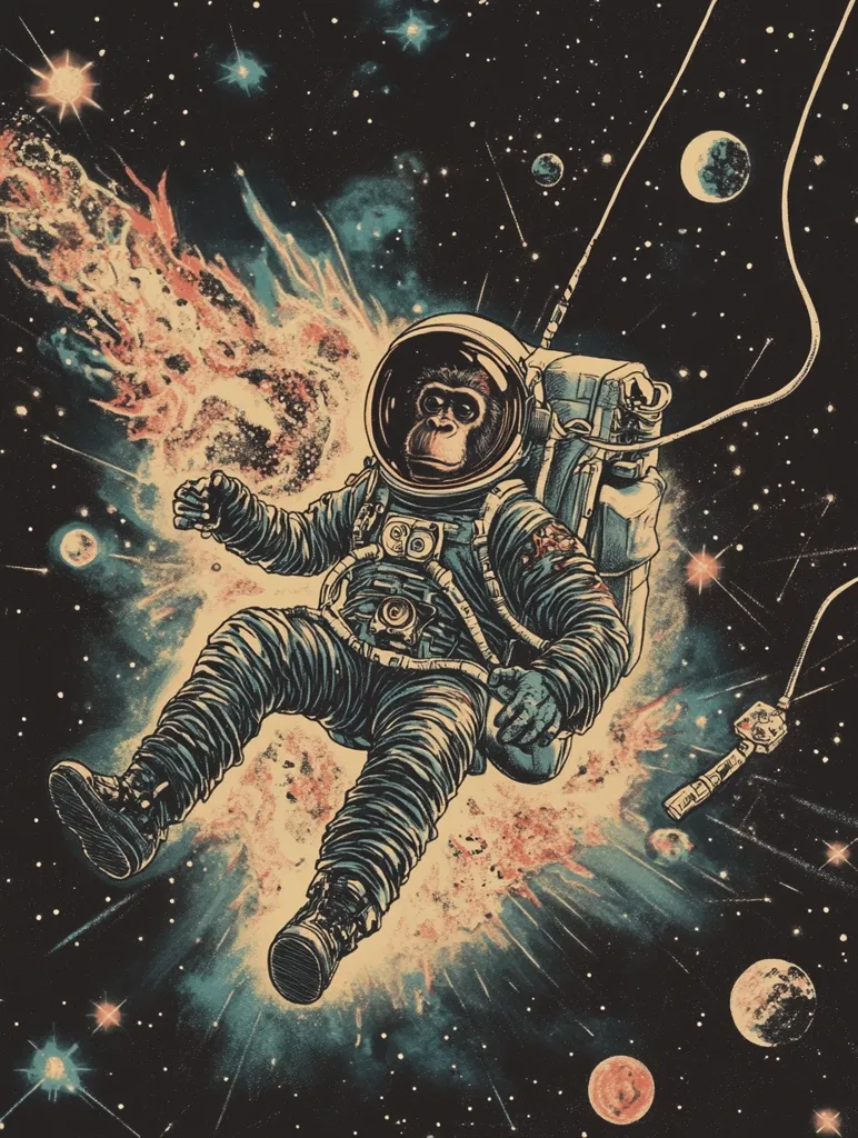 A  monkey astronaut floats in space, tethered to a  spaceship. The astronaut wears a classic spacesuit with a helmet.  A glowing explosion surrounds the astronaut, while a vast starry night sky with celestial objects fills the background. The image uses a vintage color palette and an illustrative style.  The scene conveys a sense of cosmic wonder and adventure.