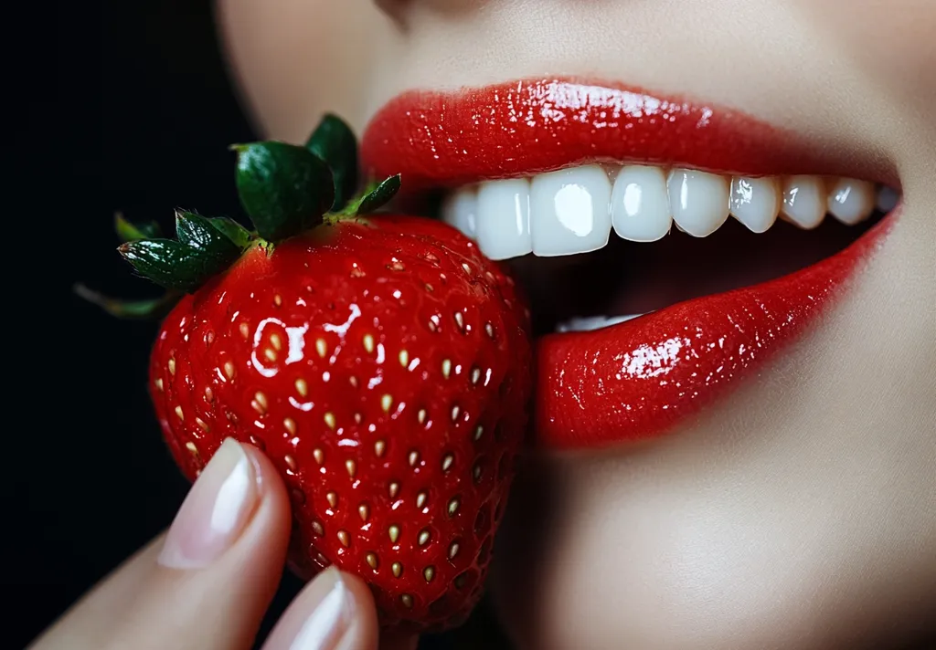 A close-up image of a woman's mouth with bright red lipstick. She is biting into a ripe, red strawberry, revealing a brilliant white smile. The image is lit dramatically, highlighting the red tones of the strawberry and lips, with a dark background. The photograph is sensual and suggestive, focusing on the beauty and sensuality of the subject.