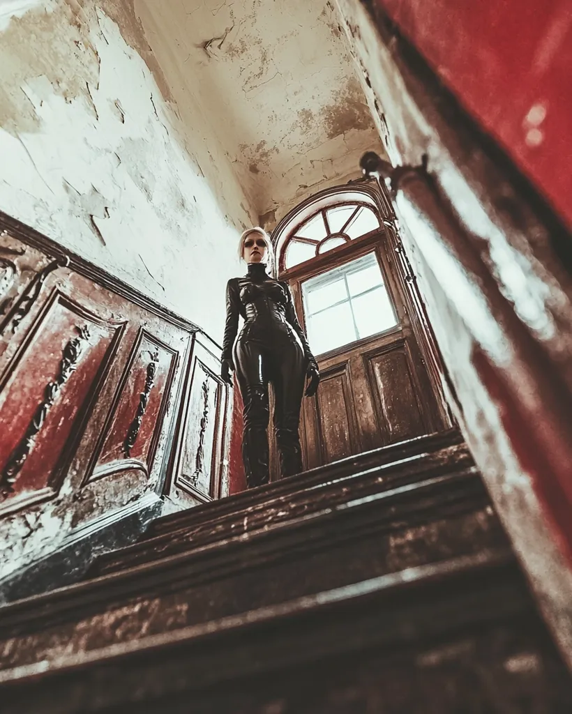 A woman in a black leather suit stands at the bottom of a staircase in a dilapidated building. The stairs are made of wood and are worn and weathered. The walls are peeling and the ceiling is cracked. A window is visible in the background, but it is obscured by shadows. The woman looks up at the camera with a serious expression. The scene is dark and atmospheric, suggesting mystery and intrigue.