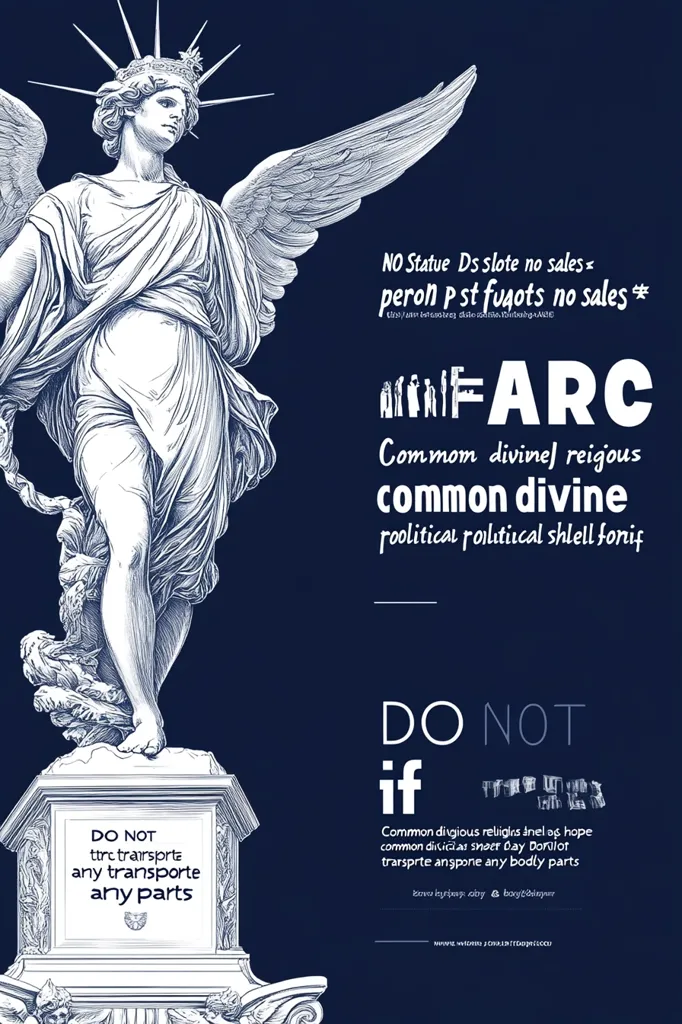 The image shows a black and white drawing of a statue of a winged angel, standing on a pedestal with text on it. The background is a deep blue color, and the text on the statue's pedestal reads "Do Not ttrc transprte any transporte any parts". The background text says "NO Statue Ds slote no sales = peron P st fuqots no sales * (ttrc/transprte disto slote no sales * Kindof ARC)" and "DO NOT if" with a description underneath.