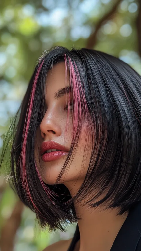 A young woman with dark, straight hair with pink streaks looks slightly away from the camera, her expression is serene with a soft smile. The lighting is soft and diffused, and the background is a blurred out-of-focus green, suggesting she is in an outdoor setting. Her hair frames her face, and her lips are a soft pink.  Her skin is clear and smooth, and she is wearing a black top.