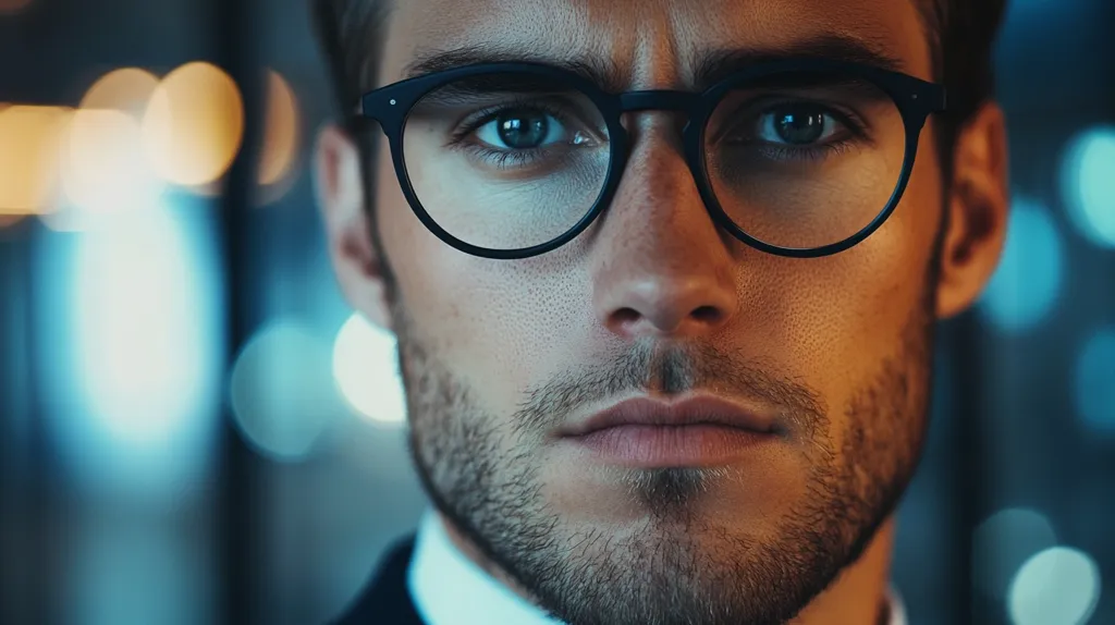 A close-up portrait of a man wearing black-rimmed glasses. His eyes are looking directly at the camera with a serious expression, and his mouth is slightly pursed. He has a short beard and stubble. The background is blurred, with out-of-focus lights creating a soft, colorful glow. The image focuses on his intense gaze, conveying a sense of focus and determination.