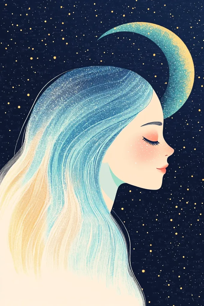 The image depicts a woman with long, flowing blue hair, her face half-hidden by a crescent moon against a backdrop of a starry night. The woman's eyes are closed, and she has a serene expression on her face. The overall tone of the image is dreamy and ethereal, suggesting a sense of peace and tranquility. The use of soft colors and delicate brushstrokes contributes to the ethereal atmosphere.  The image evokes a sense of wonder and magic.
