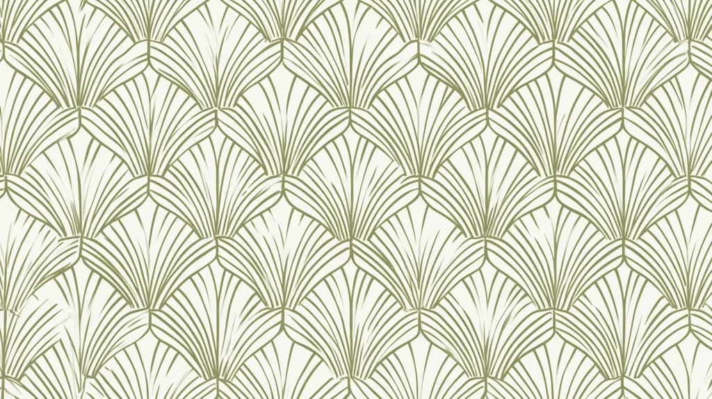 The image is a repeating pattern of overlapping, stylized green fan shapes on a white background. The fan shapes are drawn with a series of curved lines, creating a sense of movement and depth. The pattern is reminiscent of Art Deco style.  The image could be used as wallpaper, fabric, or other decorative elements.