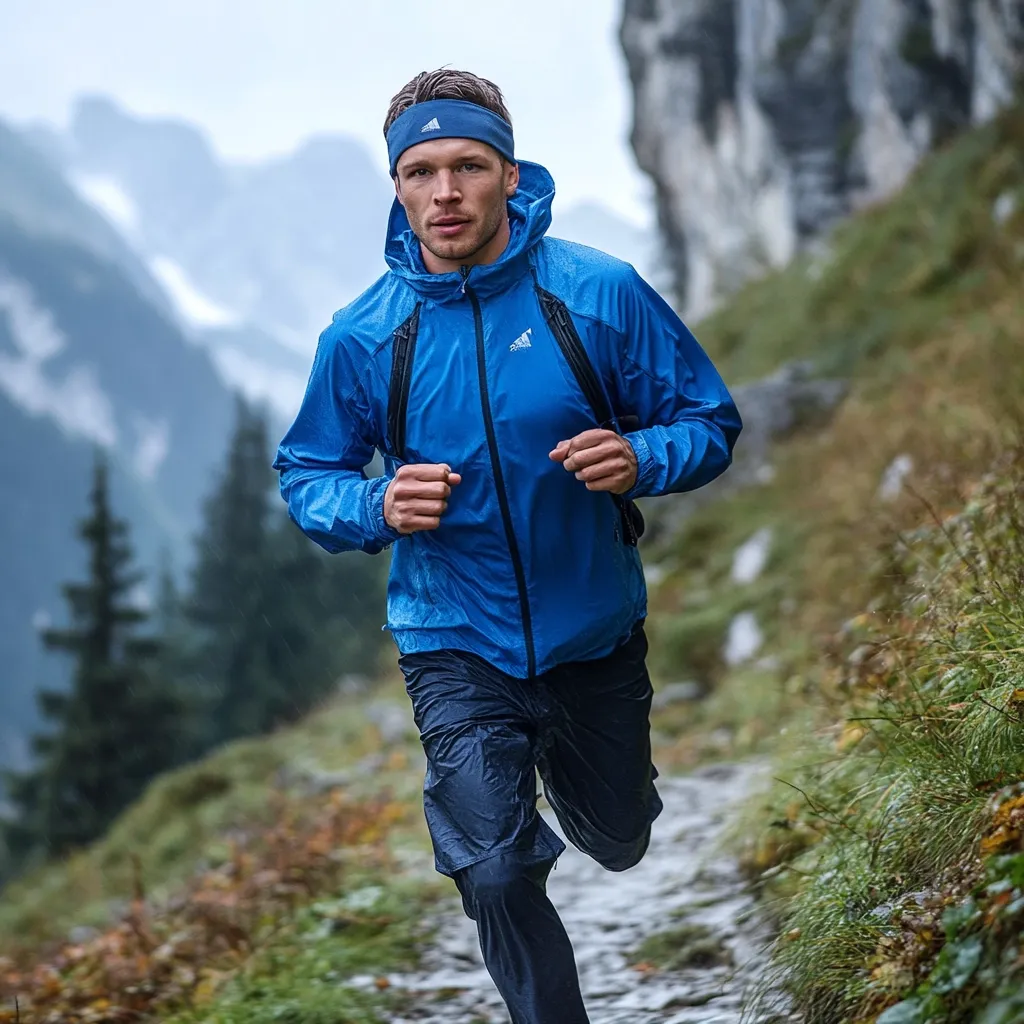 A man wearing a blue jacket and black pants runs up a mountain path. He has a blue headband on his head and a small backpack on his back. He is looking straight ahead as he runs. The background is a blurred image of mountains and green vegetation. The man looks focused and determined.