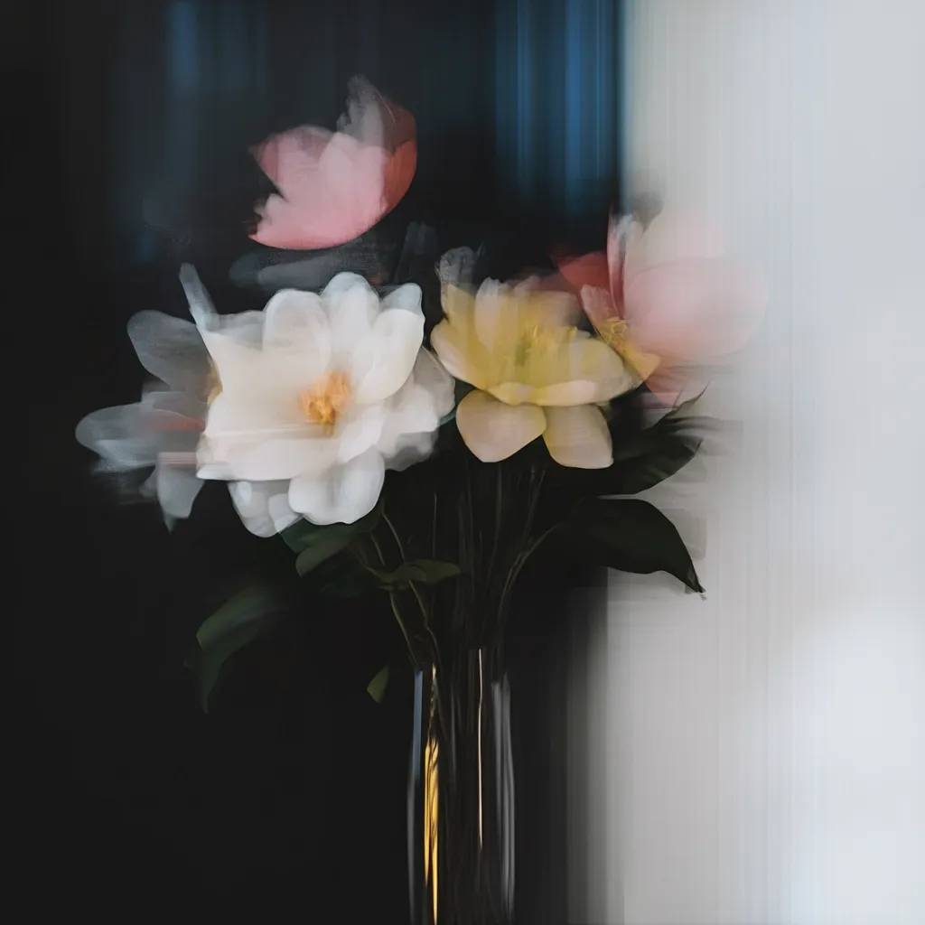 A bouquet of white, yellow and pink flowers in a glass vase sits in front of a blurred background. The flowers are soft and delicate, and the vase is clear glass. The background is a dark blue and white blur, creating a dreamy and ethereal effect. The image is composed in a way that emphasizes the beauty and fragility of the flowers.