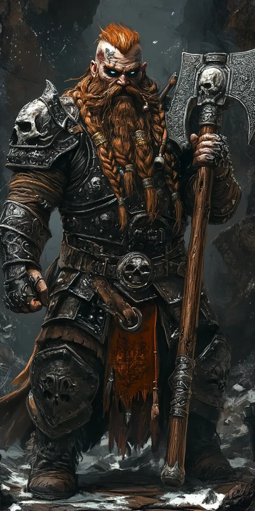 A fierce warrior, clad in dark armor adorned with skulls and leather straps, stands with a massive axe. His long, braided beard falls over his chest, and a determined look fills his blue eyes. The axe's head is intricately carved, with a skull at its center. The warrior stands against a backdrop of dark, rocky terrain, showcasing his strength and readiness for battle.
