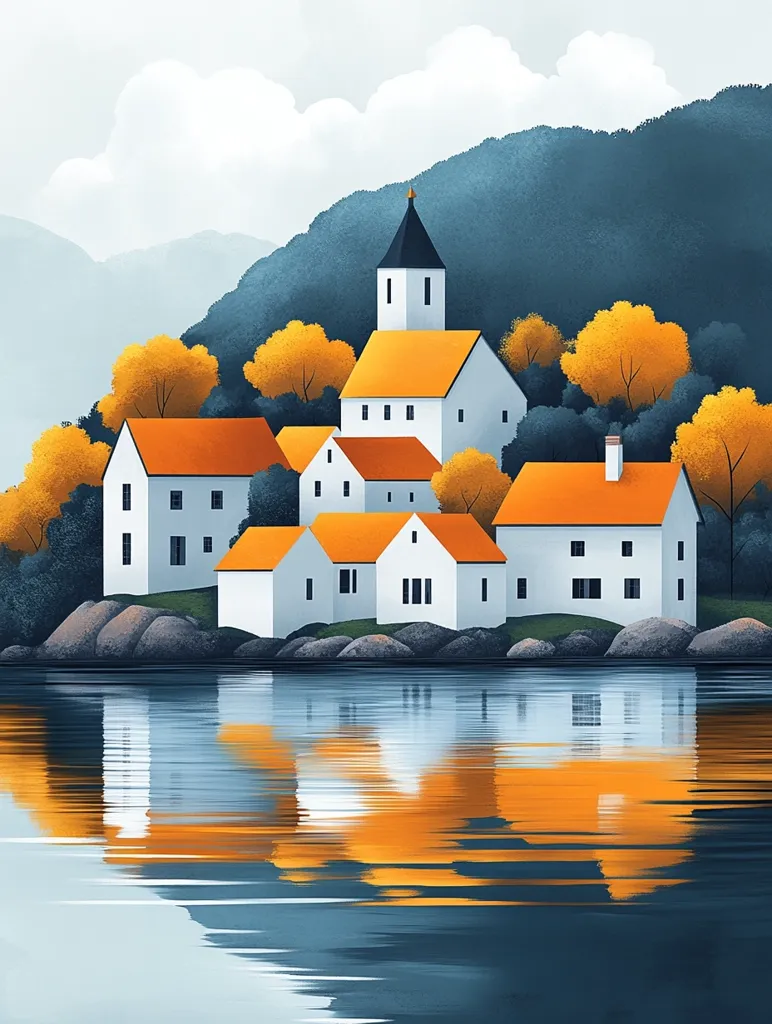 A picturesque village nestled amidst rolling hills, with white houses adorned with vibrant orange roofs. Lush green trees line the hillside, their autumnal hues reflected in the still waters of the lake below. The village's tallest building, a church with a spire, stands prominently against the backdrop of the blue hills. The image evokes a sense of tranquility and charm.