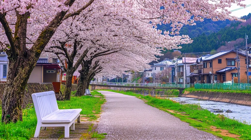 A serene scene of a river flowing alongside a pathway lined with lush green grass and a white bench. The vibrant pink blossoms of cherry trees create a beautiful canopy overhead.  The path leads towards a quaint residential area with houses nestled amongst the lush greenery.  The image evokes a sense of peace and tranquility.