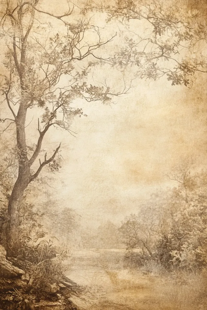 A sepia-toned image depicting a forest path leading into the distance. A large tree stands in the foreground, its branches reaching towards the sky. The background is hazy and indistinct, suggesting a sense of mystery and depth. The overall impression is one of tranquility and solitude.
