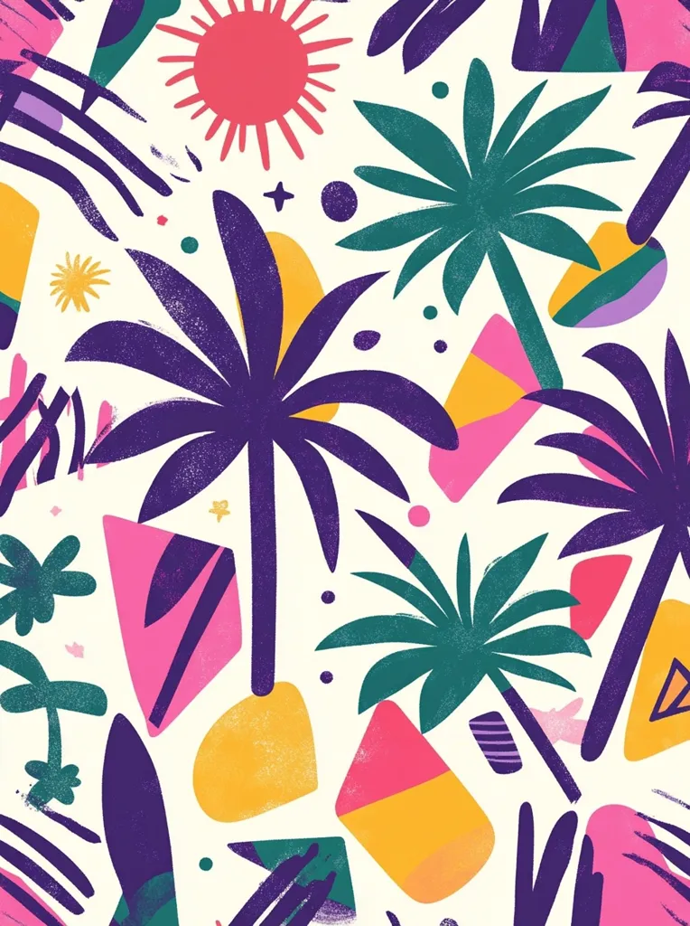 The image is a vibrant and colorful abstract pattern with a tropical theme. It features stylized palm trees in shades of purple and teal, along with geometric shapes in bright pink, yellow, and orange. The background is a soft cream color, creating a sense of warmth and vibrancy. The pattern is reminiscent of a summery beach scene, with the palm trees swaying in the breeze and the sun shining brightly. The bold colors and playful shapes create a cheerful and energetic feel, perfect for a summery design.