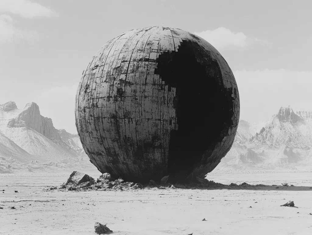 A large, spherical object, seemingly made of metal, sits in a barren, desolate landscape. The sphere is partially obscured by a dark, shadowy section, resembling a crater or opening. The background features a range of snow-capped mountains, suggesting a harsh and alien environment. The image is rendered in black and white, creating a stark and eerie atmosphere.