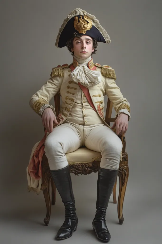 A young man in a white military uniform sits in a chair. He is wearing a black tricorn hat with gold embellishments and black knee-high boots. The chair has a cream-colored cushion and a carved wooden frame. He is seated formally, with his hands resting on his thighs. The backdrop is a plain grey wall.