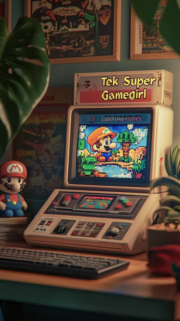 A retro gaming setup featuring a Tek Super Gamegirl console with a pixelated Mario game displayed on its screen. The console is accompanied by a small Mario figurine, a keyboard, and potted plants, creating a nostalgic and playful atmosphere. The image evokes a sense of classic gaming and childhood memories.