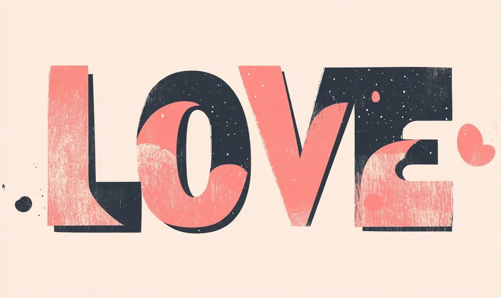 The image is a simple design of the word "LOVE" in bold, blocky letters. The letters are outlined in black and filled with a light pink color that has a distressed, vintage look. The background is a light pink. A small pink heart is to the right of the word. The overall effect is one of love and nostalgia.