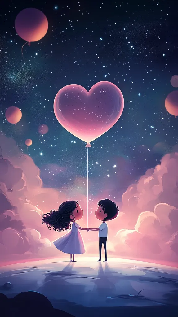 A cartoon couple, a boy and a girl, stand hand-in-hand on a white, fluffy cloud against a backdrop of a starry night sky. A large, heart-shaped balloon floats above them, adding a romantic touch to the scene. The sky is filled with stars and a few pink balloons, creating a magical and whimsical atmosphere. The overall tone of the image is one of love, wonder, and innocence.