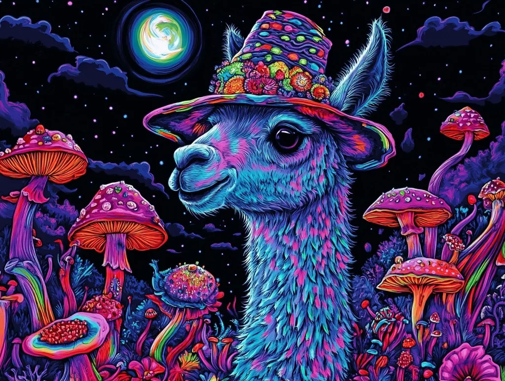 The image is a psychedelic illustration of a llama wearing a colorful, polka-dotted hat adorned with flowers. The llama's fur is a mixture of blue, pink, and purple hues, and its eyes are wide and black. It is surrounded by a field of brightly colored, psychedelic mushrooms with red, purple, and pink caps, set against a dark, starry sky. The overall impression is one of whimsy and surrealism, with the bright colors and fantastical elements creating a dreamlike atmosphere.