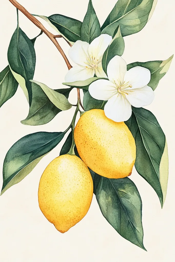 A watercolor painting depicts a lemon tree branch with two ripe lemons hanging from it. The lemons are a bright yellow and have a smooth texture. The branch is adorned with lush green leaves and delicate white blossoms. The flowers have five petals and are slightly curled at the edges. The painting is rendered in a realistic style, capturing the beauty and vibrancy of the citrus fruit.  The background is a soft off-white, allowing the lemons and blossoms to stand out. The overall effect is one of freshness and natural beauty.