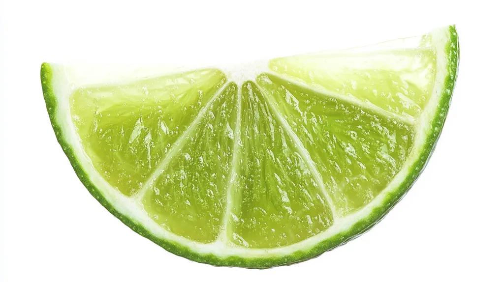 A lime wedge, sliced in half, is shown against a white background.  The wedge is green and juicy, with a smooth, shiny texture.  The lime's segments are visible, and its edges are slightly rounded. The image is focused on the lime wedge, with no other objects or details in the background.