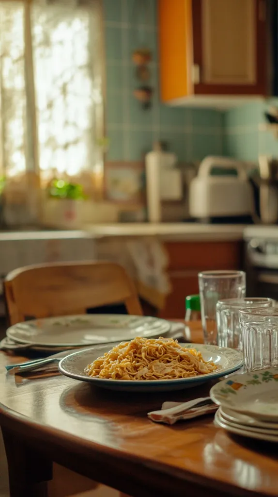 A wooden table with a plate of noodles in the center. There are glasses of water and a stack of plates to the right of the noodles. The background is a blurry image of a kitchen with cabinets and a window. The table is set for a meal.