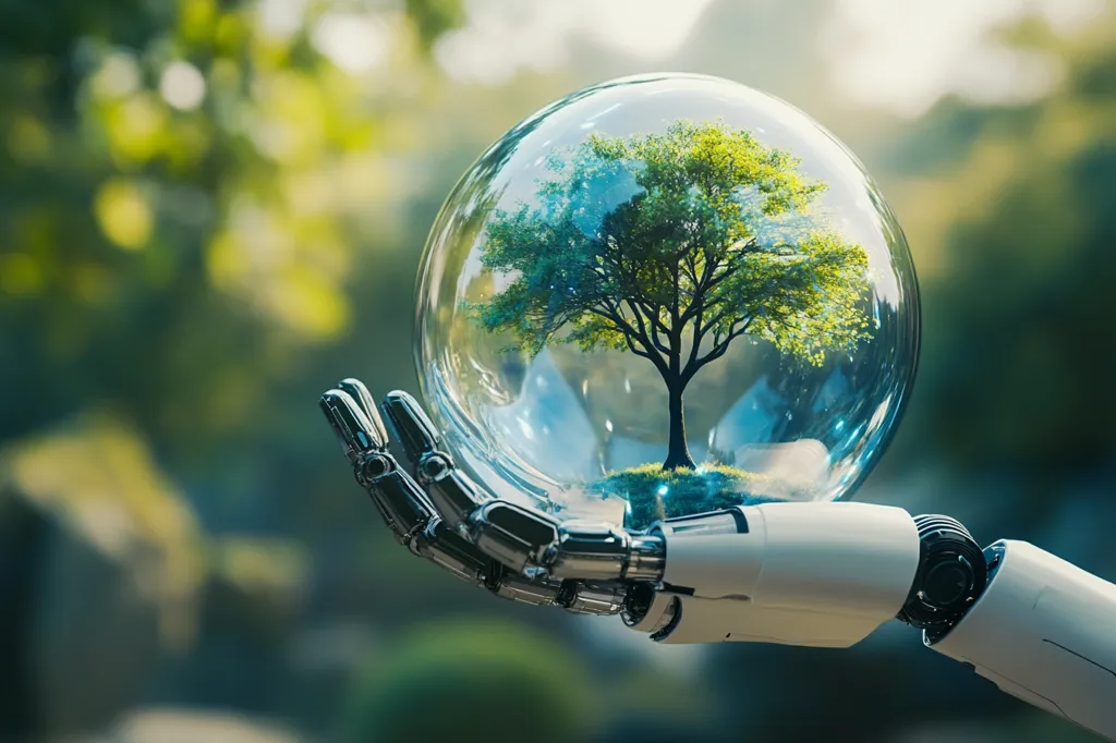A robotic hand holds a glass sphere containing a miniature tree, set against a blurred background of green foliage. The image suggests a connection between technology and nature, with the robotic hand symbolizing progress and the tree representing the environment. The sphere acts as a barrier, potentially emphasizing the need to protect nature from the advancement of technology or the vulnerability of the environment in the face of human innovation. The overall tone is one of contemplation and symbolism, prompting viewers to consider the relationship between humans and their surroundings.
