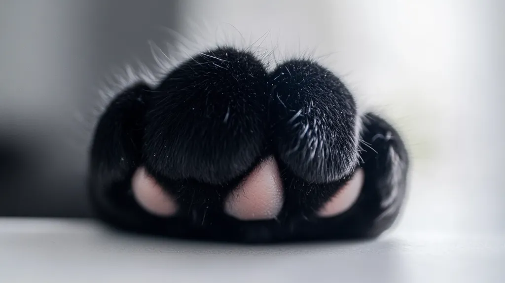 The image is a close-up of a black cat's paw. The paw is resting on a white surface, and the individual toes are visible. The fur on the paw is soft and fluffy, and the paw pads are pink. The image is soft and intimate, and it captures the beauty of a simple detail.