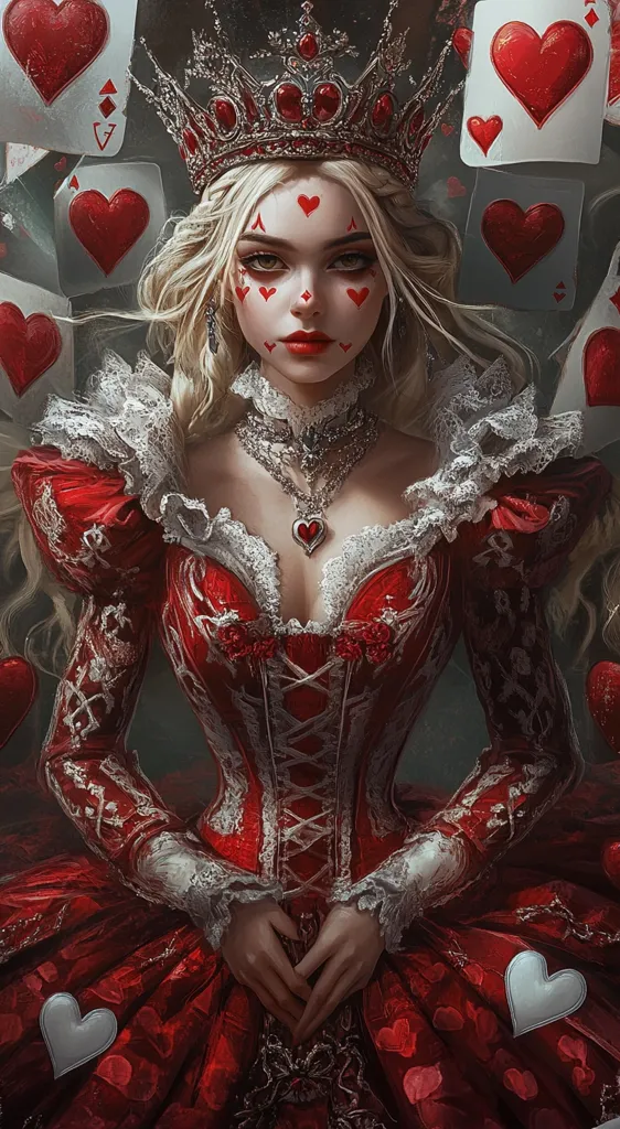 A woman with long blonde hair, wearing a red and white dress with a crown, is surrounded by playing cards. The cards are mostly hearts, and the woman has red hearts painted on her face. She has a serious expression, and her hands are clasped in front of her. She appears to be the Queen of Hearts.  The image is dark and mysterious, with a sense of power and grandeur.