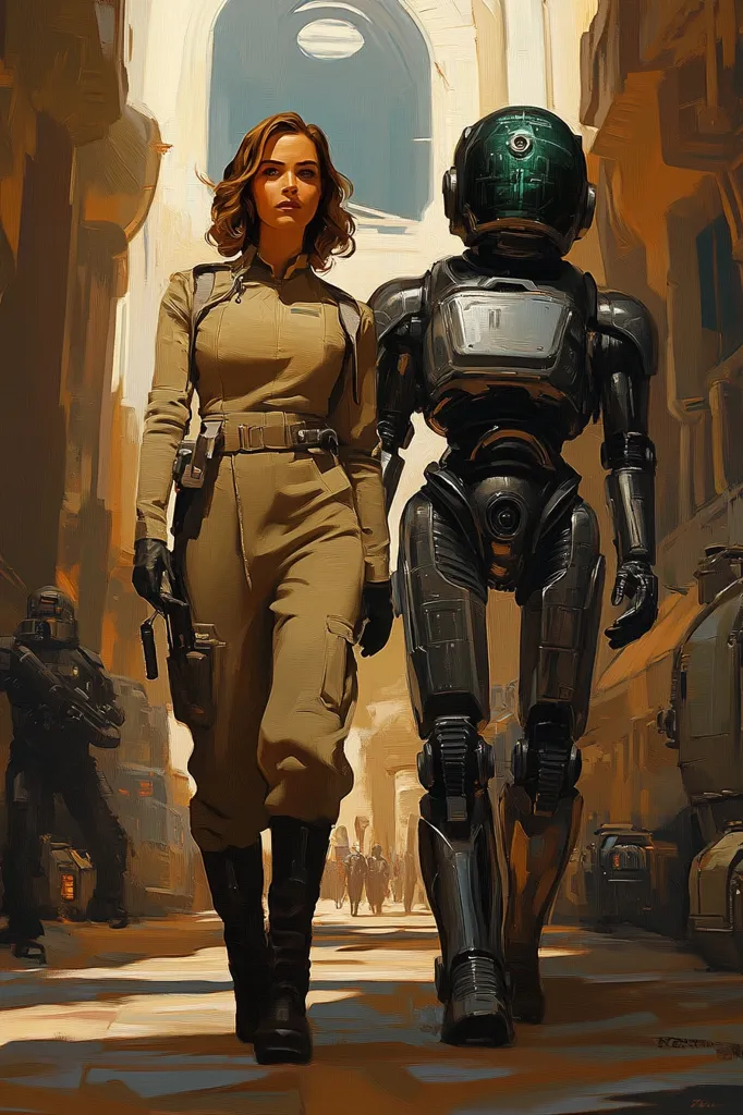 A woman in a brown jumpsuit walks alongside a large, metallic robot. The woman has short, dark hair and a determined expression. The robot is tall and has a round, dome-shaped head with a glowing green visor. They are walking through a city street, which is deserted except for a few other figures in the background. The scene is bathed in warm, golden light.