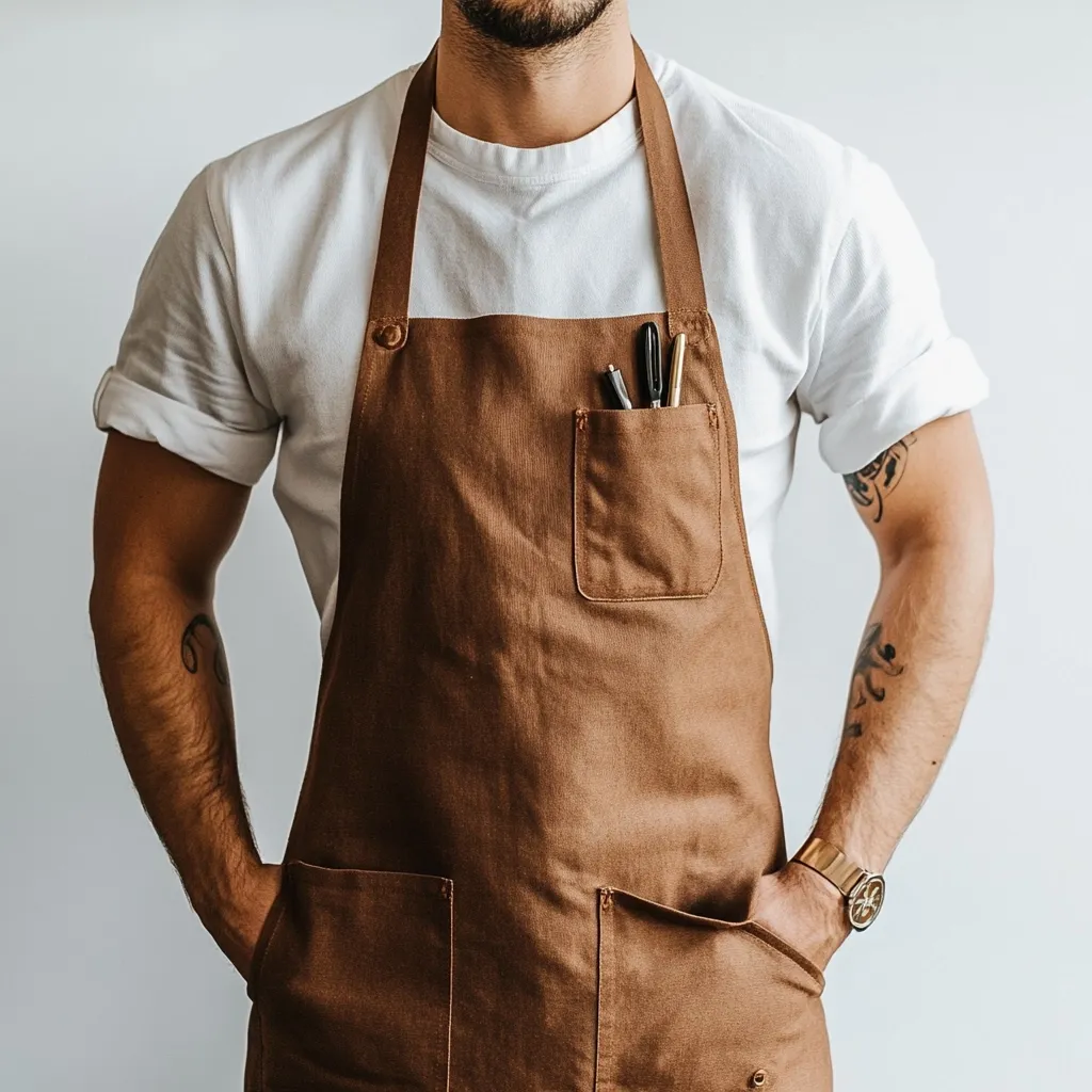 A man wearing a white t-shirt and a brown apron stands with his hands in his pockets. He has a watch on his right wrist and tattoos on both arms. His apron has a large pocket with three pens sticking out. The background is a plain white wall.  The image is likely taken from a low angle, emphasizing the man's apron and the details of his clothing.