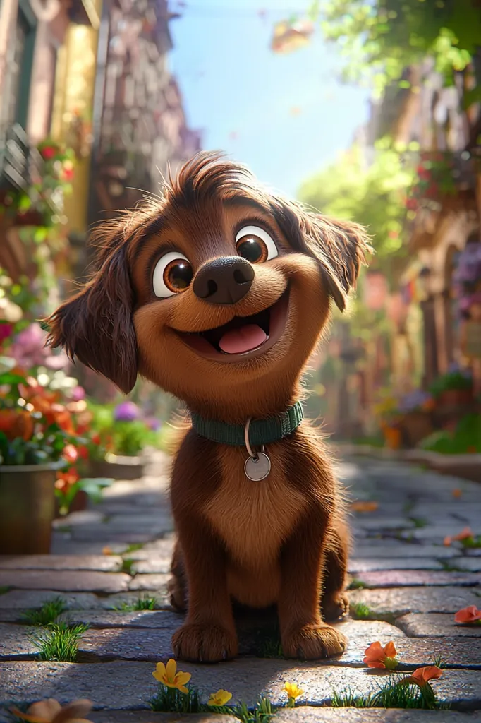 The image shows a brown, animated dog sitting on a brick pathway. The dog has large, expressive eyes and a happy, open mouth. It's wearing a green collar with a silver tag. The dog is sitting in a sunny, outdoor setting with flowers and greenery surrounding it. It appears to be looking up at something or someone off-camera, suggesting a joyful moment. The dog's adorable expression and the cheerful surroundings create a warm and inviting atmosphere.