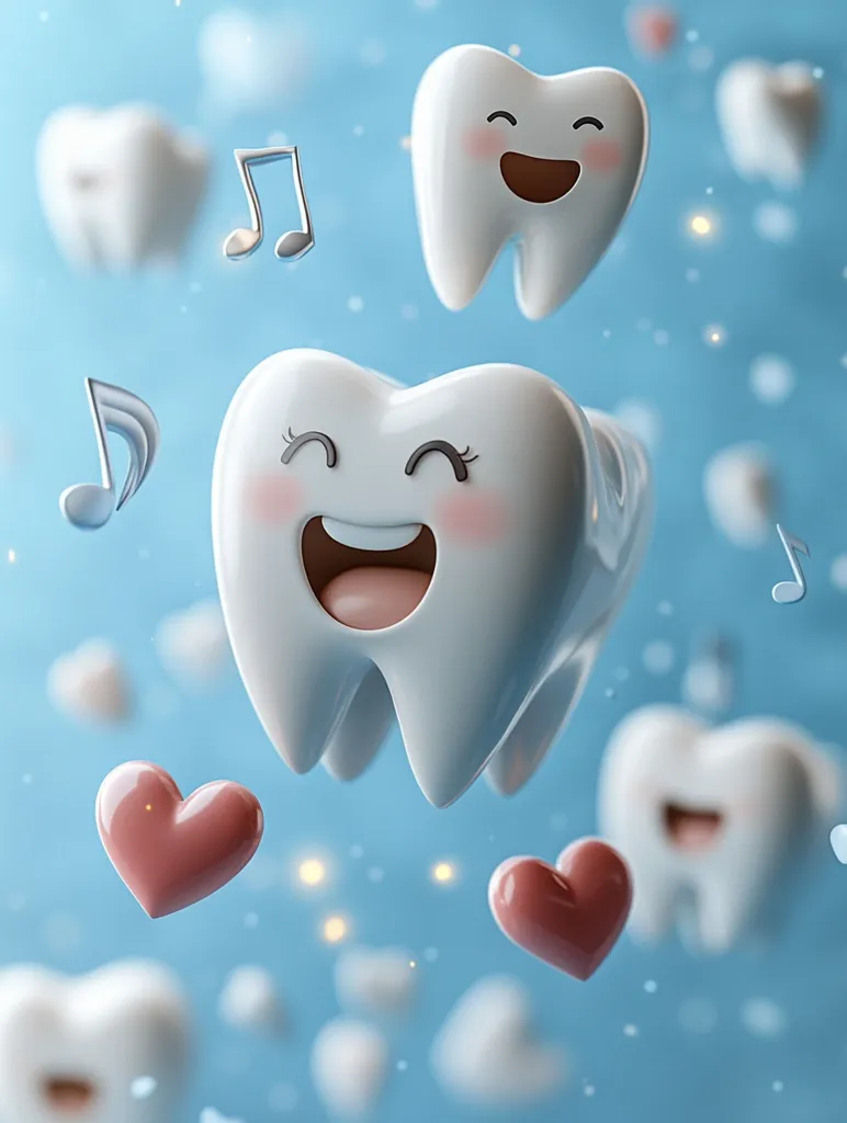 The image features a cartoon tooth with a big smile and blushing cheeks, surrounded by musical notes and pink hearts. The tooth is floating in a light blue background with blurry white shapes resembling clouds. The overall scene is whimsical and cheerful, promoting a positive and playful association with dental care.