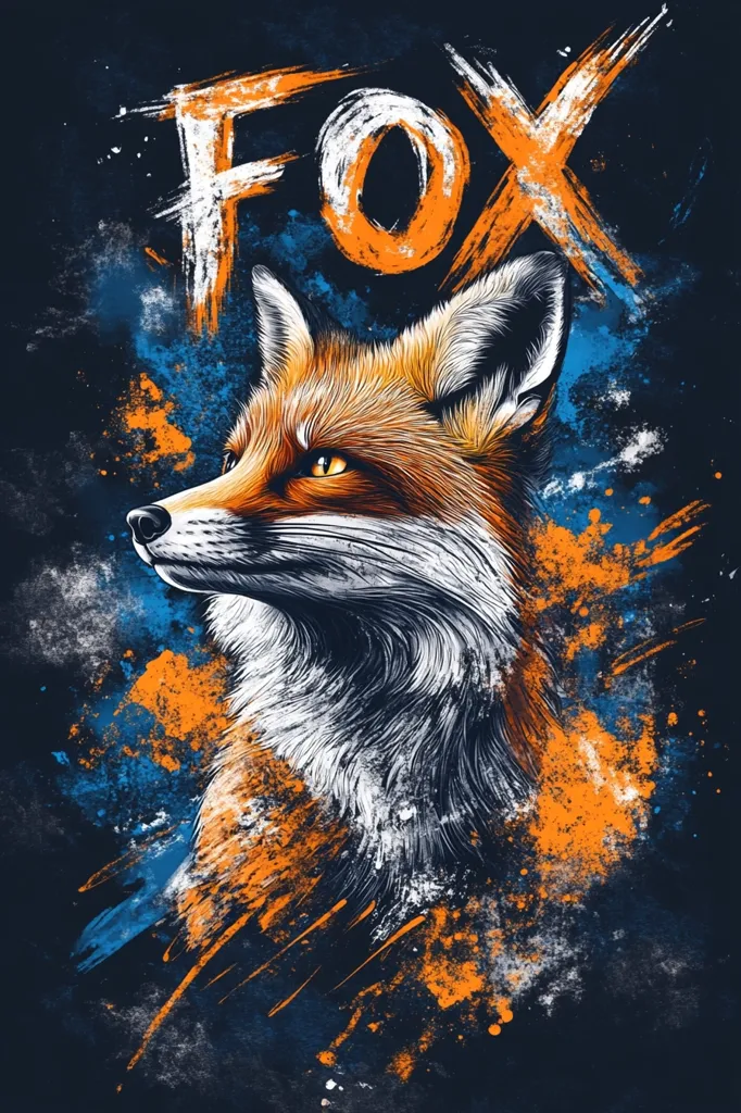 A stylized image of a red fox with a dark blue and orange background.  The word "FOX" is written in bold letters above the fox's head. The image has a grunge aesthetic with splashes of paint and brushstrokes. The fox is looking off to the side with a determined expression. The overall effect is dramatic and eye-catching.