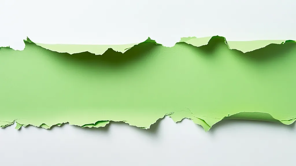 A torn piece of bright green paper lies on a white surface. The paper is ripped and jagged, creating an uneven edge. The green color is vibrant and contrasts sharply with the white background. The torn paper creates a sense of texture and depth.