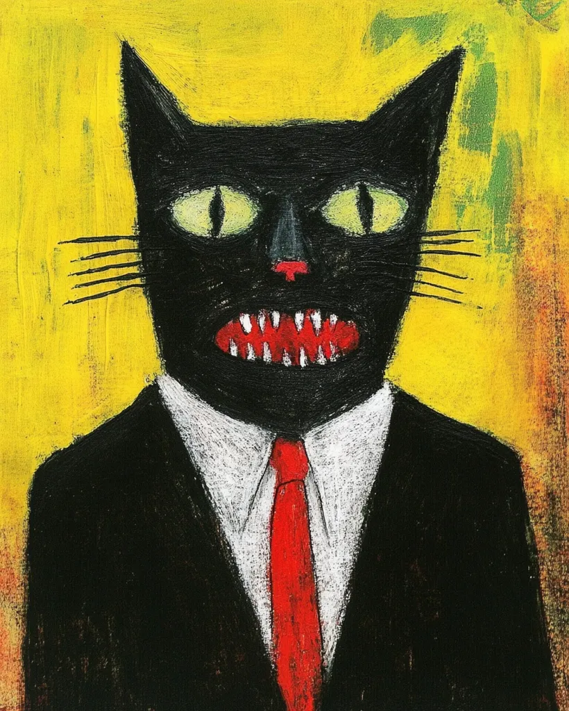 The painting depicts a black cat with a menacing expression, wearing a black suit and a red tie. Its eyes are wide and yellow, its mouth is open in a snarl revealing sharp teeth. The cat’s head is positioned against a bright yellow background with a small green patch at the top. The bold colors and contrasting textures create a surreal and unsettling atmosphere.