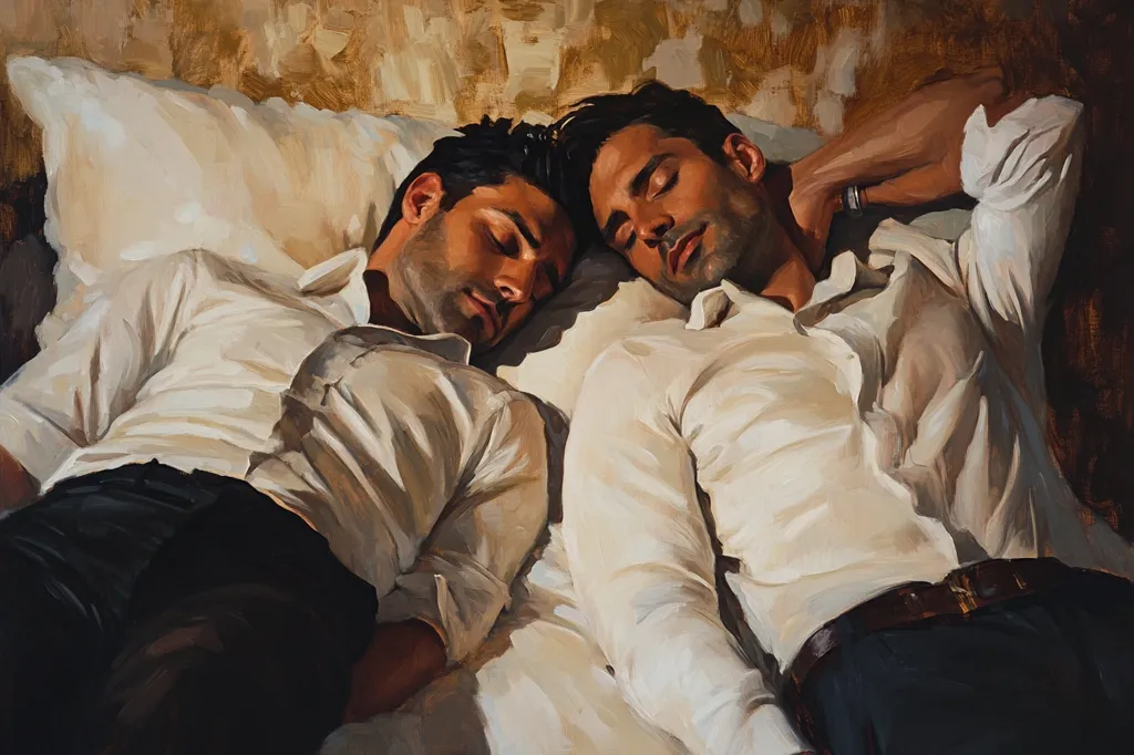 Two men are lying in bed, asleep. The man on the left is turned towards the viewer, his face partially obscured by a white pillow. The man on the right has his back to the viewer, his face turned towards the left. They are both wearing white button-up shirts and dark pants. The bed is made with a white sheet and a white pillow. The lighting in the room is soft and warm, casting a glow over the scene.