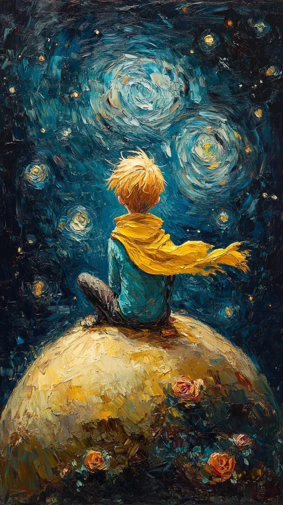 The painting depicts a young boy, possibly the Little Prince, sitting on a small asteroid against a backdrop of a swirling, starry night sky. He is wearing a blue jacket and a long, flowing yellow scarf, which is billowing in the wind.  The asteroid is covered in small, pink roses. The painting has a whimsical and dreamlike quality, with thick brushstrokes that give it a textured appearance.